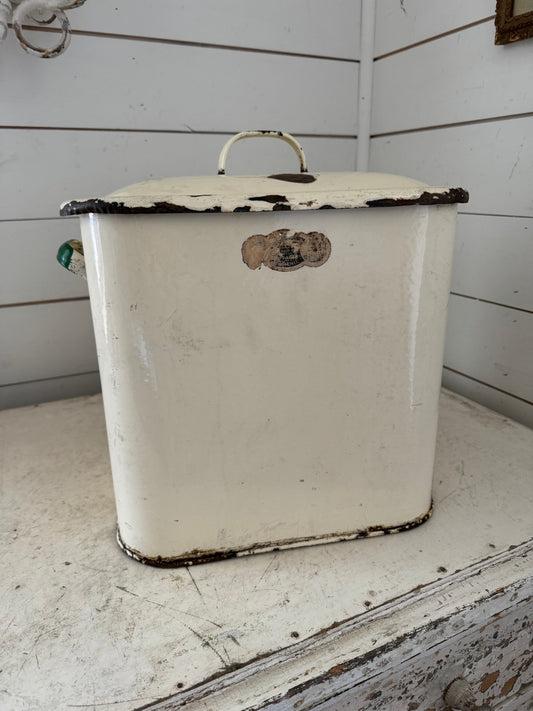 Antique Enamel Bread Box Cream & Green