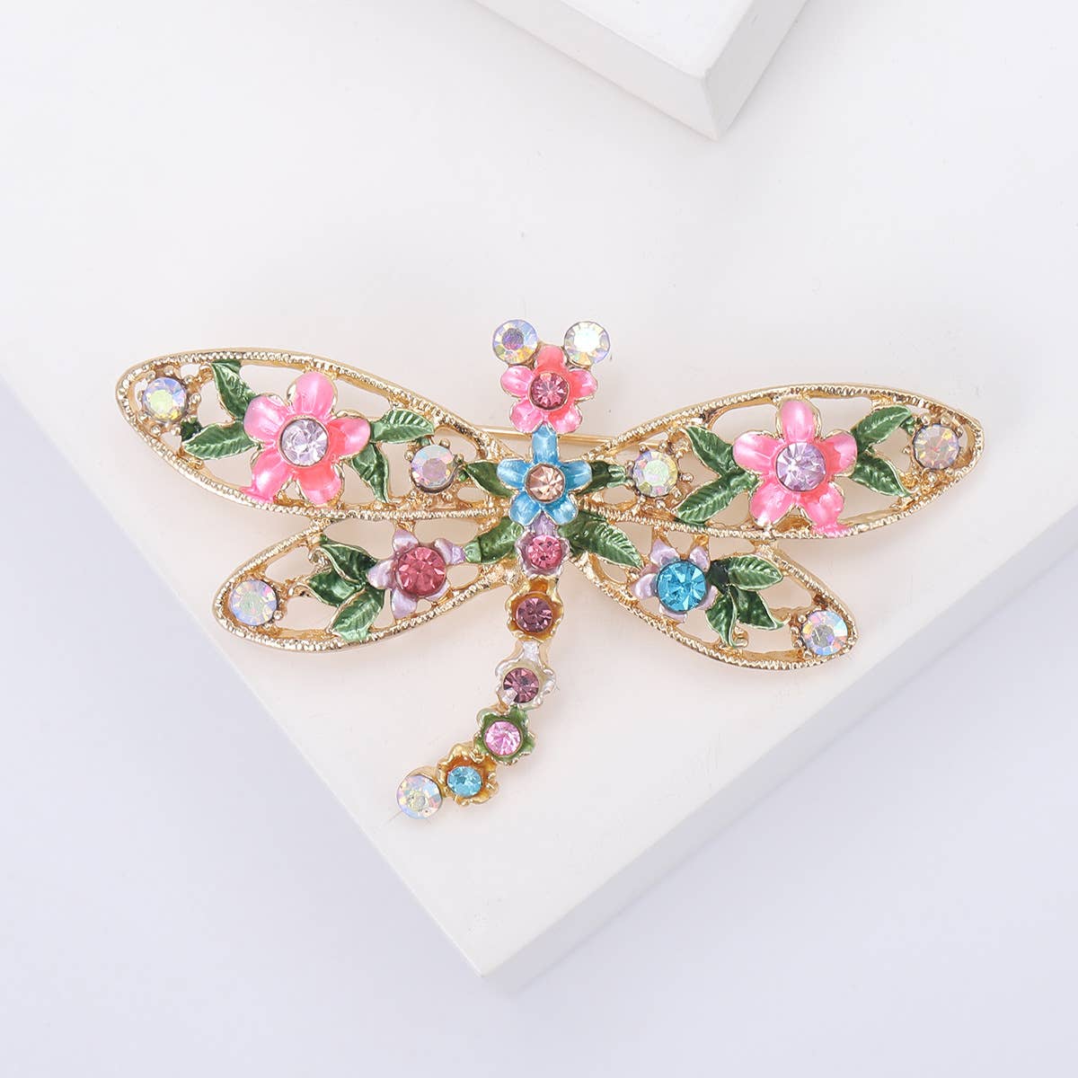 Floral Dragonfly Brooch, Colorful Rhinestone Insect Pin