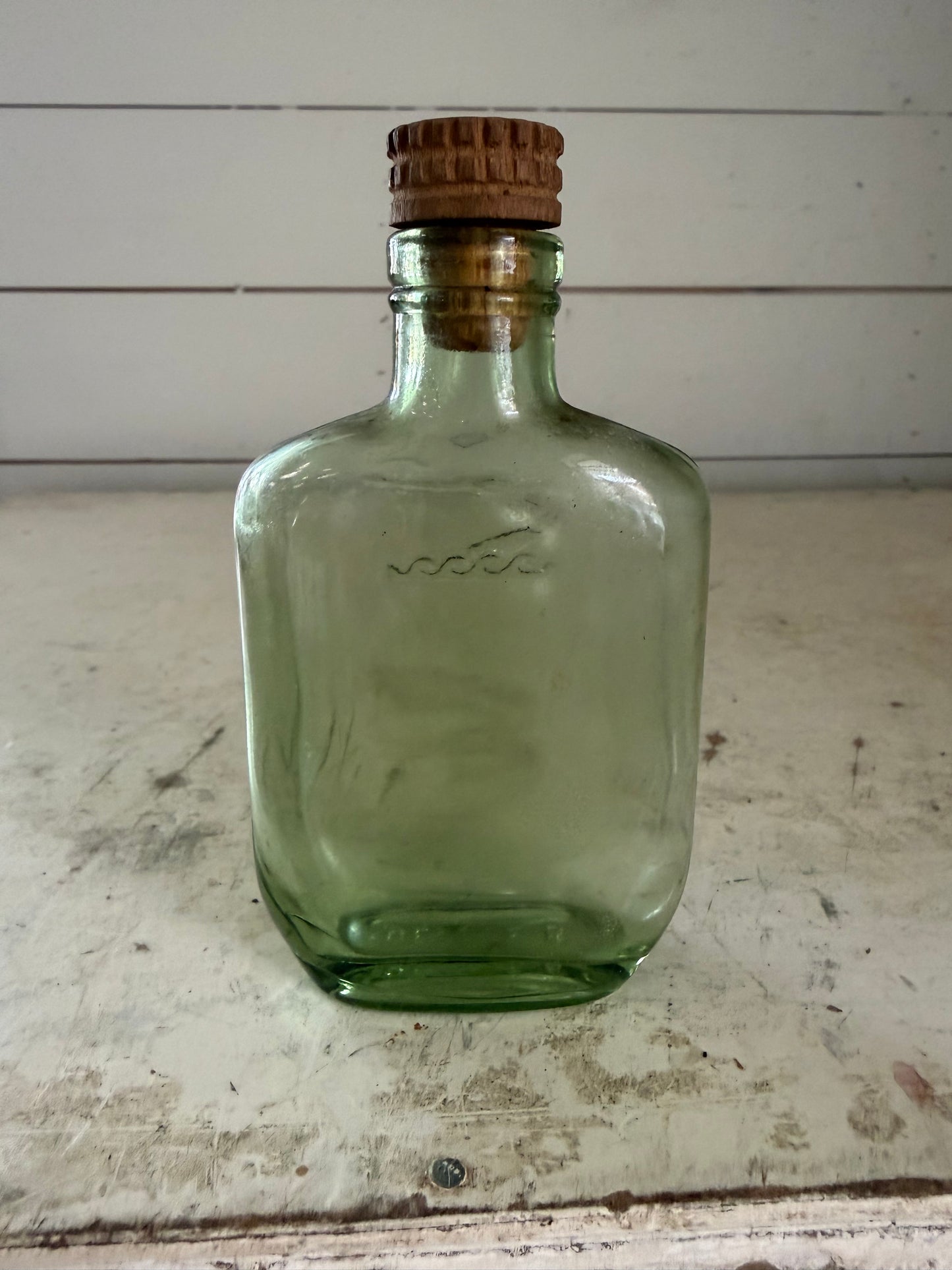 Antique Hennessy Green Glass Flask with grooved Cork Stopper: Embossed Bras Armé French Barware