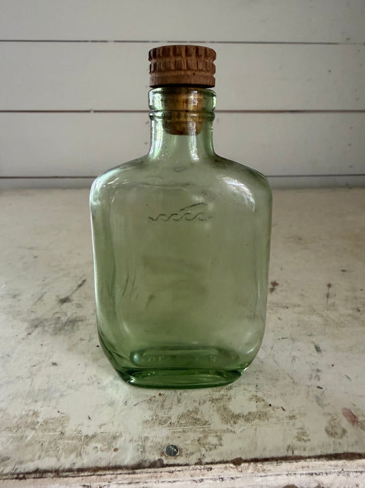 Antique Hennessy Green Glass Flask with grooved Cork Stopper: Embossed Bras Armé French Barware