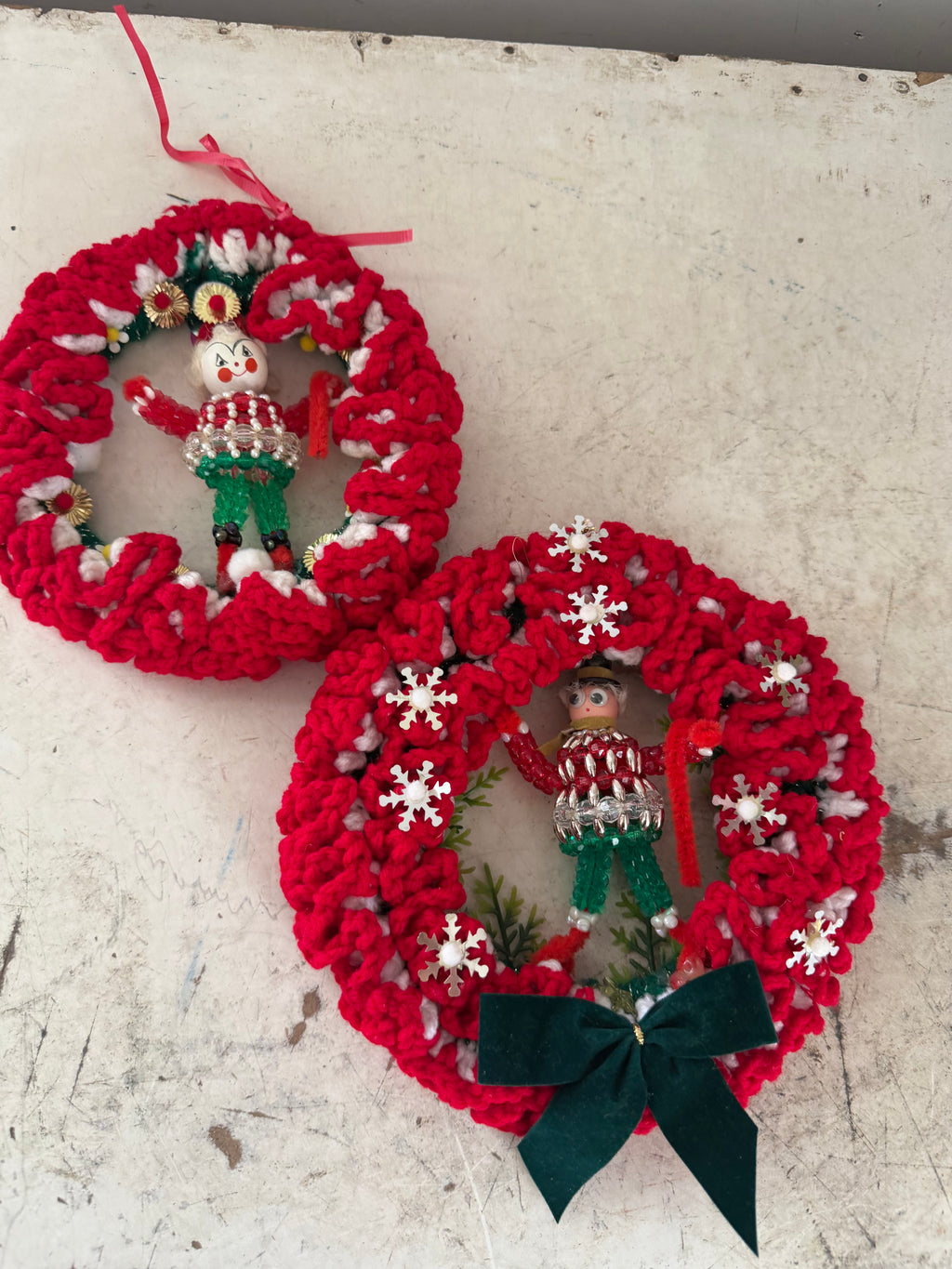 Set of vintage handmade crocheted Christmas wreath ornaments