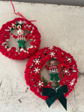 Set of vintage handmade crocheted Christmas wreath ornaments