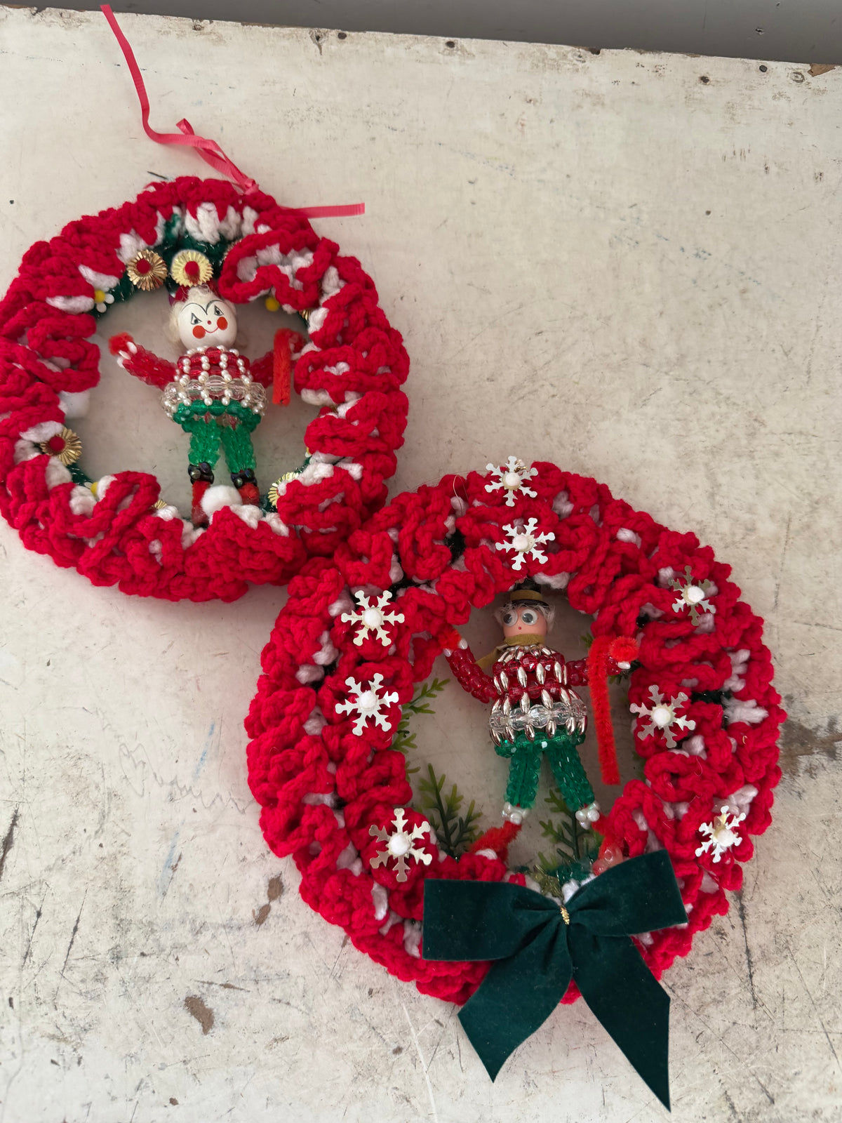 Set of vintage handmade crocheted Christmas wreath ornaments