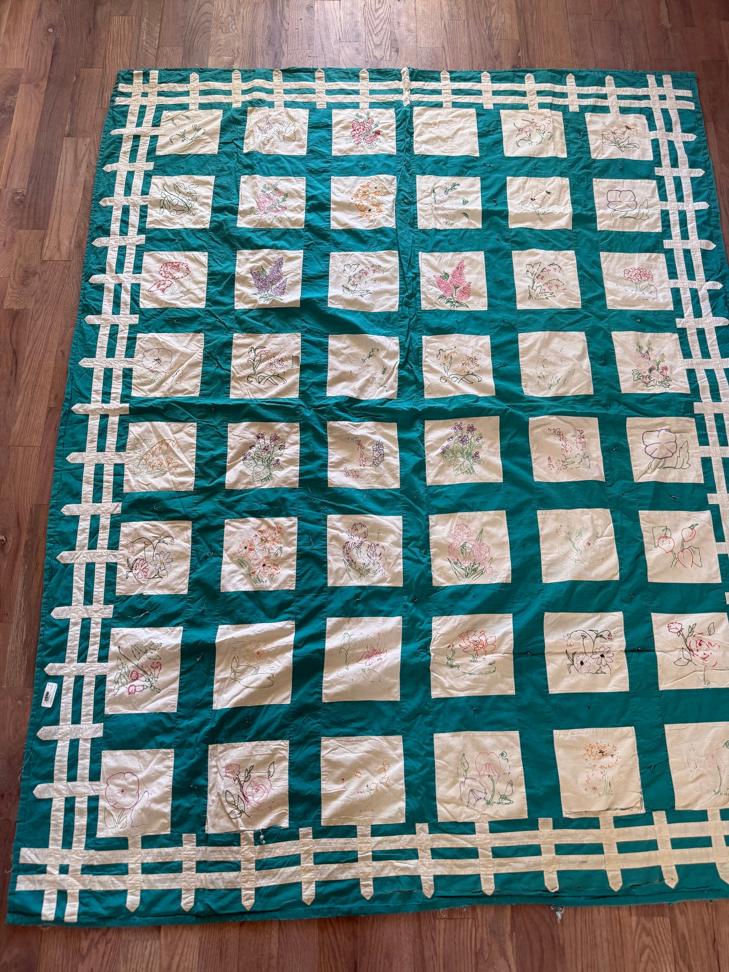 Green squares with embroidered floral full size quilt - hand embroidered homemade