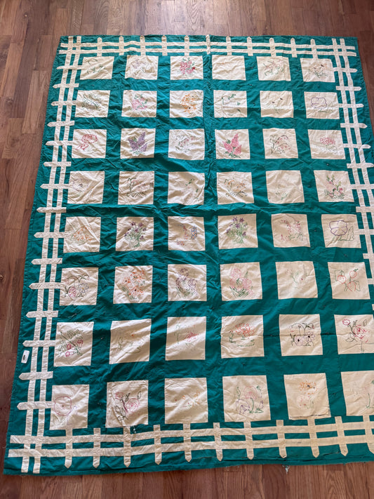 Green squares with embroidered floral full size quilt - hand embroidered homemade