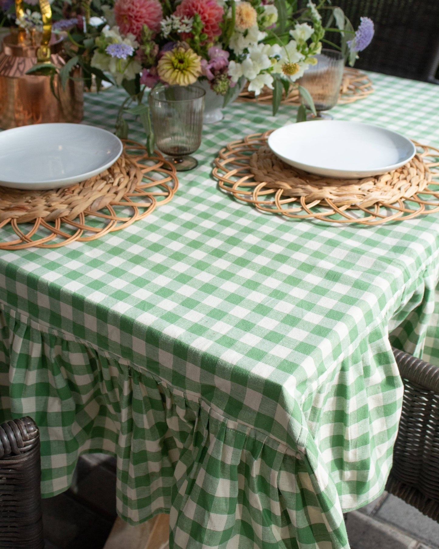 Moss Ruffled Gingham Tablecloth