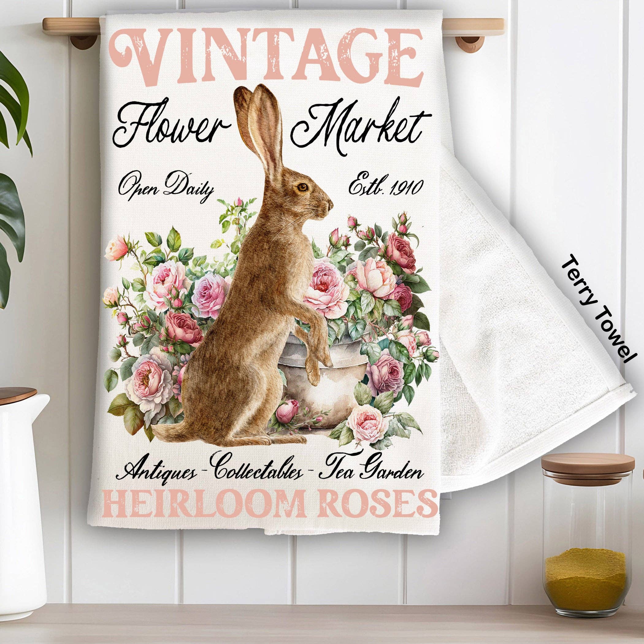 Tea Towel Vintage Easter Bunny Heirloom Roses Kitchen