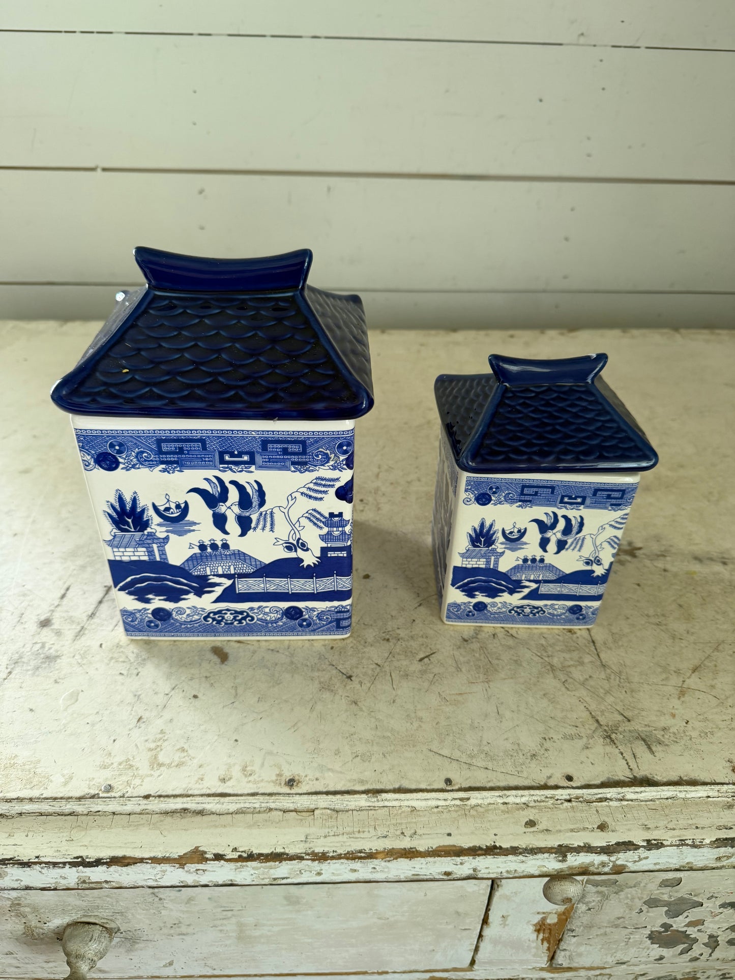 Vintage Blue Willow & White Pagoda Canisters