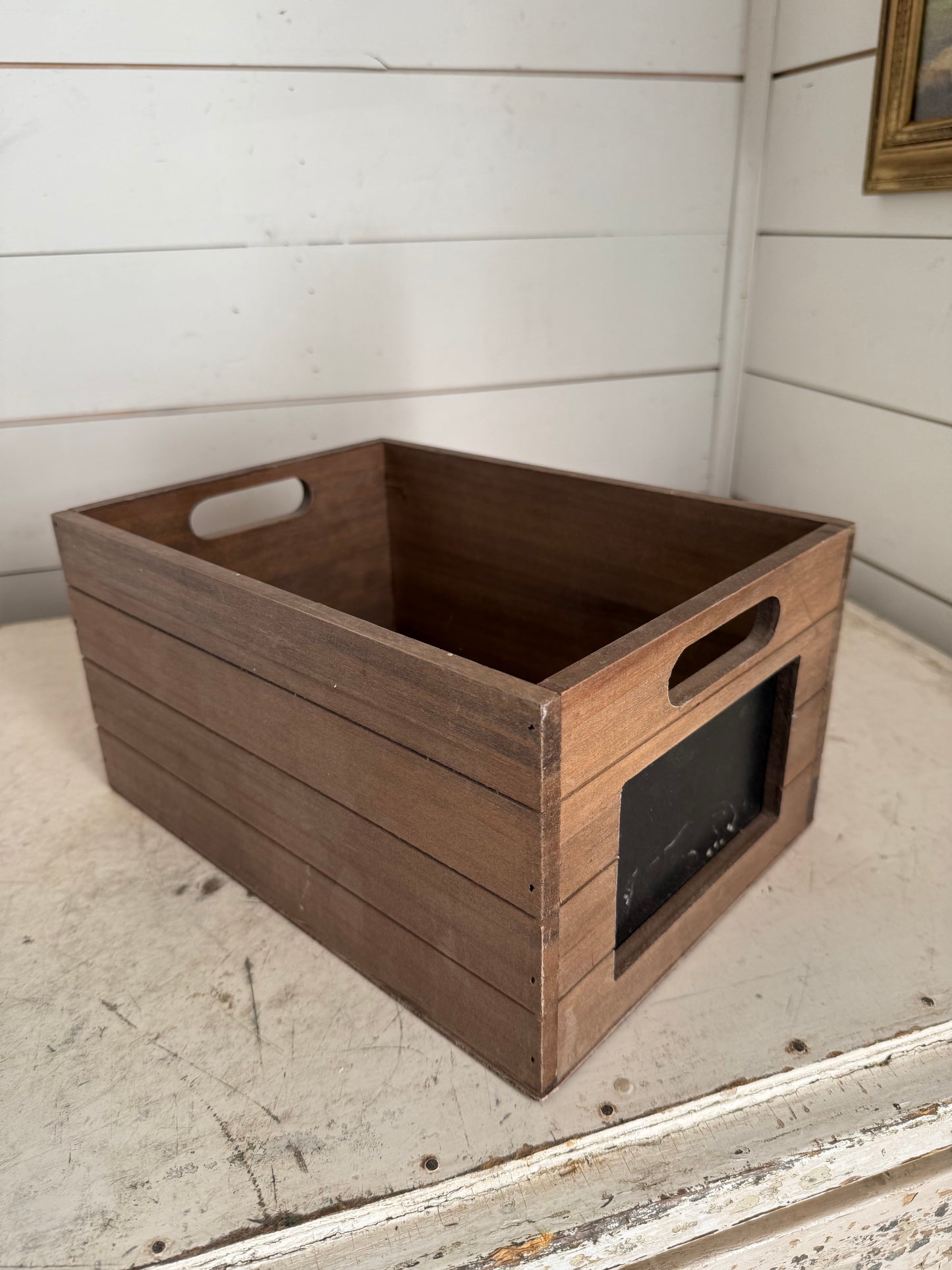 Wooden storage box with chalk board label will get painted greenery not included