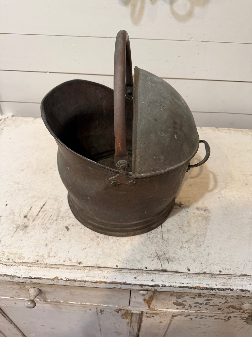 Antique Coal Scuttle With Handle and Half Lid