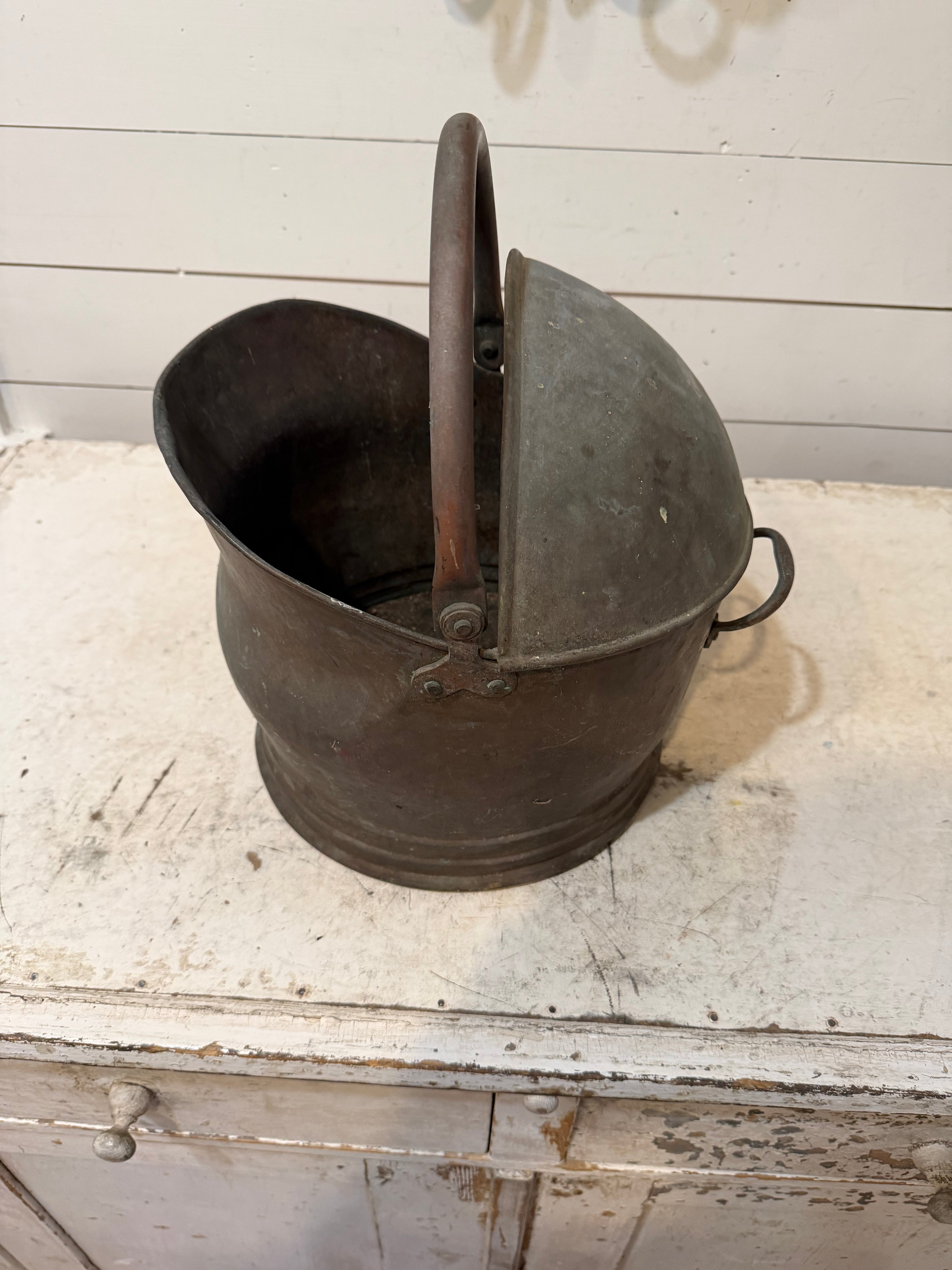 Antique Coal Scuttle With Handle and Half Lid