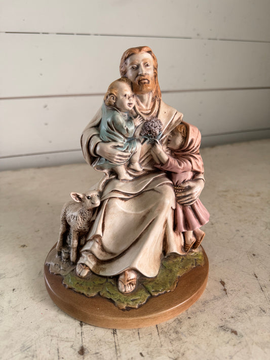 Ceramic Jesus Savior Figurine Bless Little Children Lamb