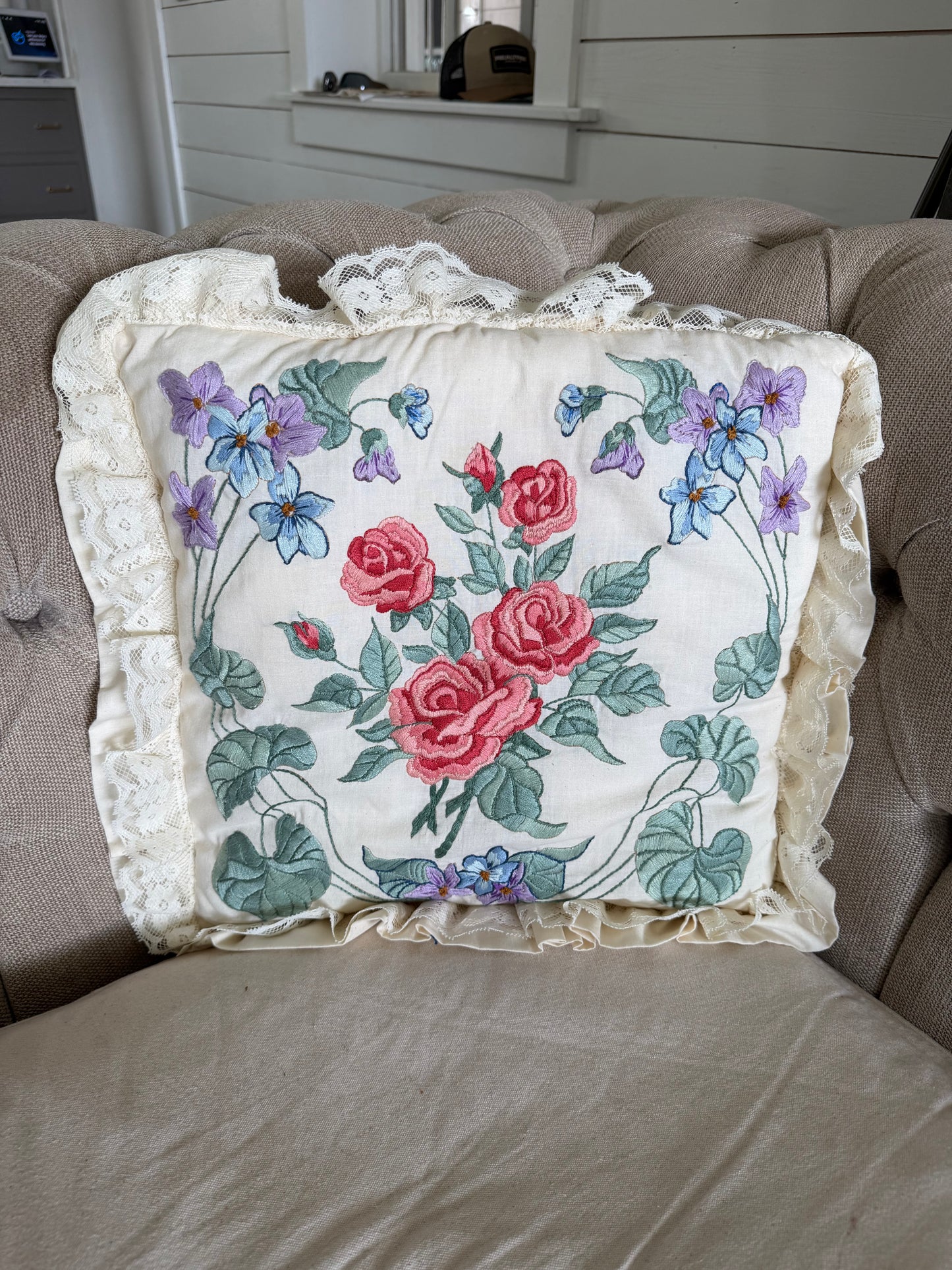 Vintage Crewel Roses & Ivy Pillow Handmade