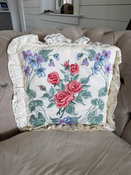 Vintage Crewel Roses & Ivy Pillow Handmade