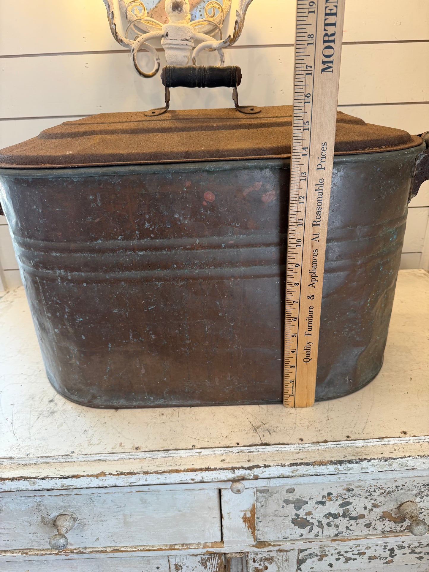 Antique copper boiler wash tub with tin lid