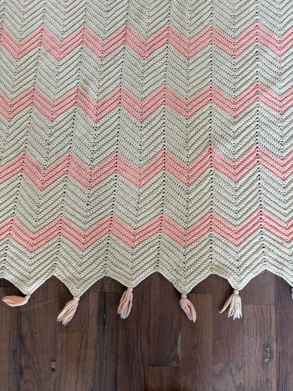Pink peach and White Afghan with tassles as is