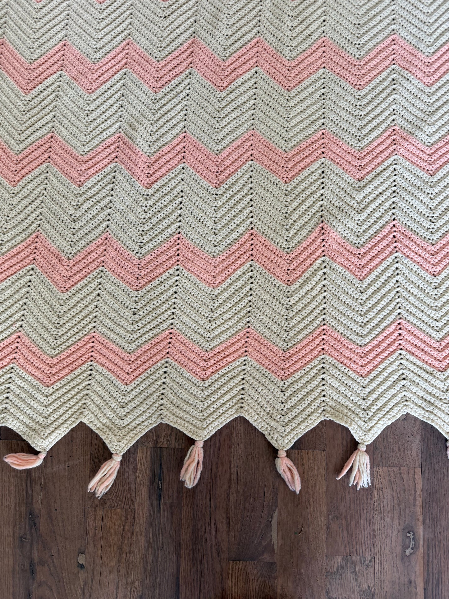 Pink peach and White Afghan with tassles as is