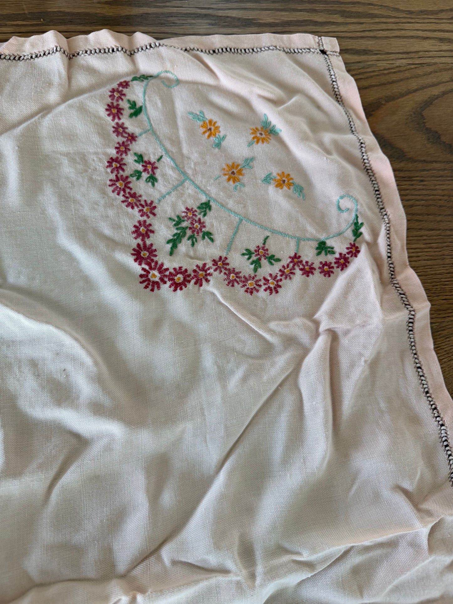 Peach vintage hand-embroidered cotton table topper