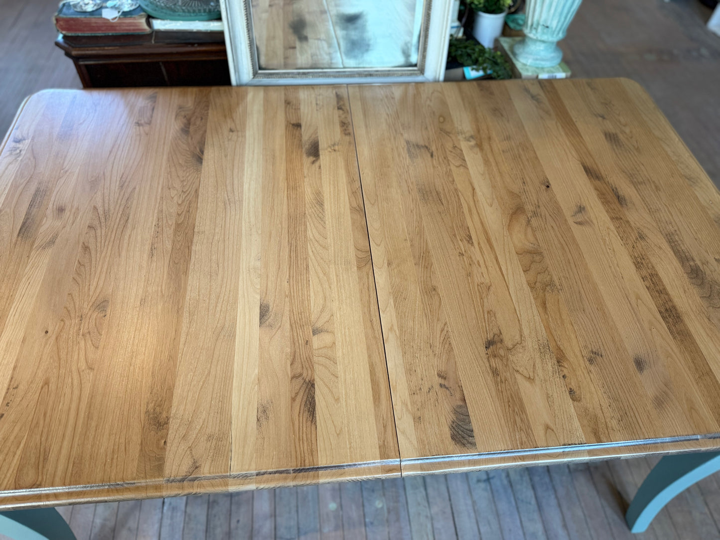 Farmhouse Table - Refinished with natural wood top and Apothecary base - Solid wood and sturdy 30.5”x20”x29”