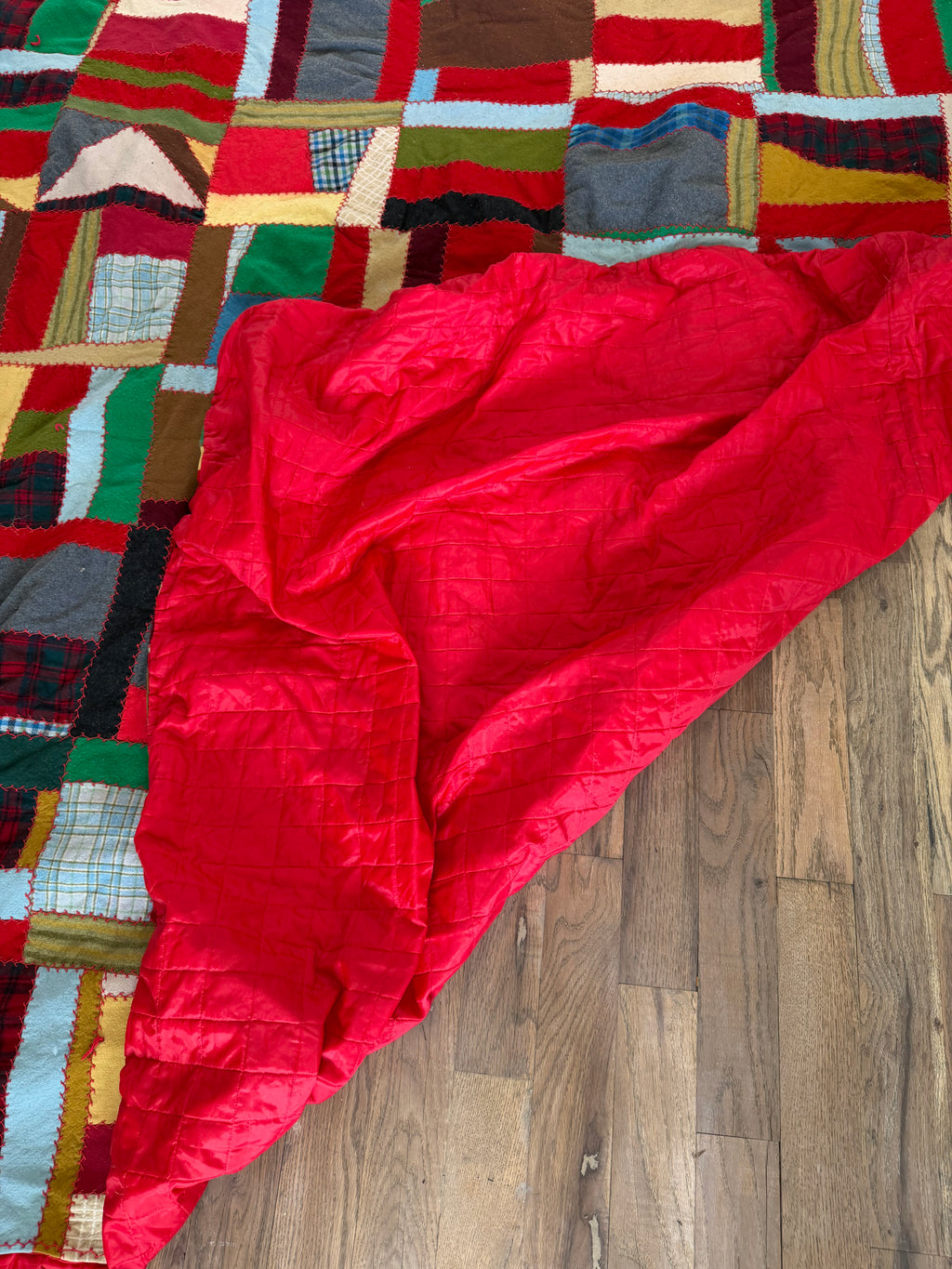 Vintage Hand Sewn Crazy Patchwork With Silken Red Backer as is some imperfections as shown