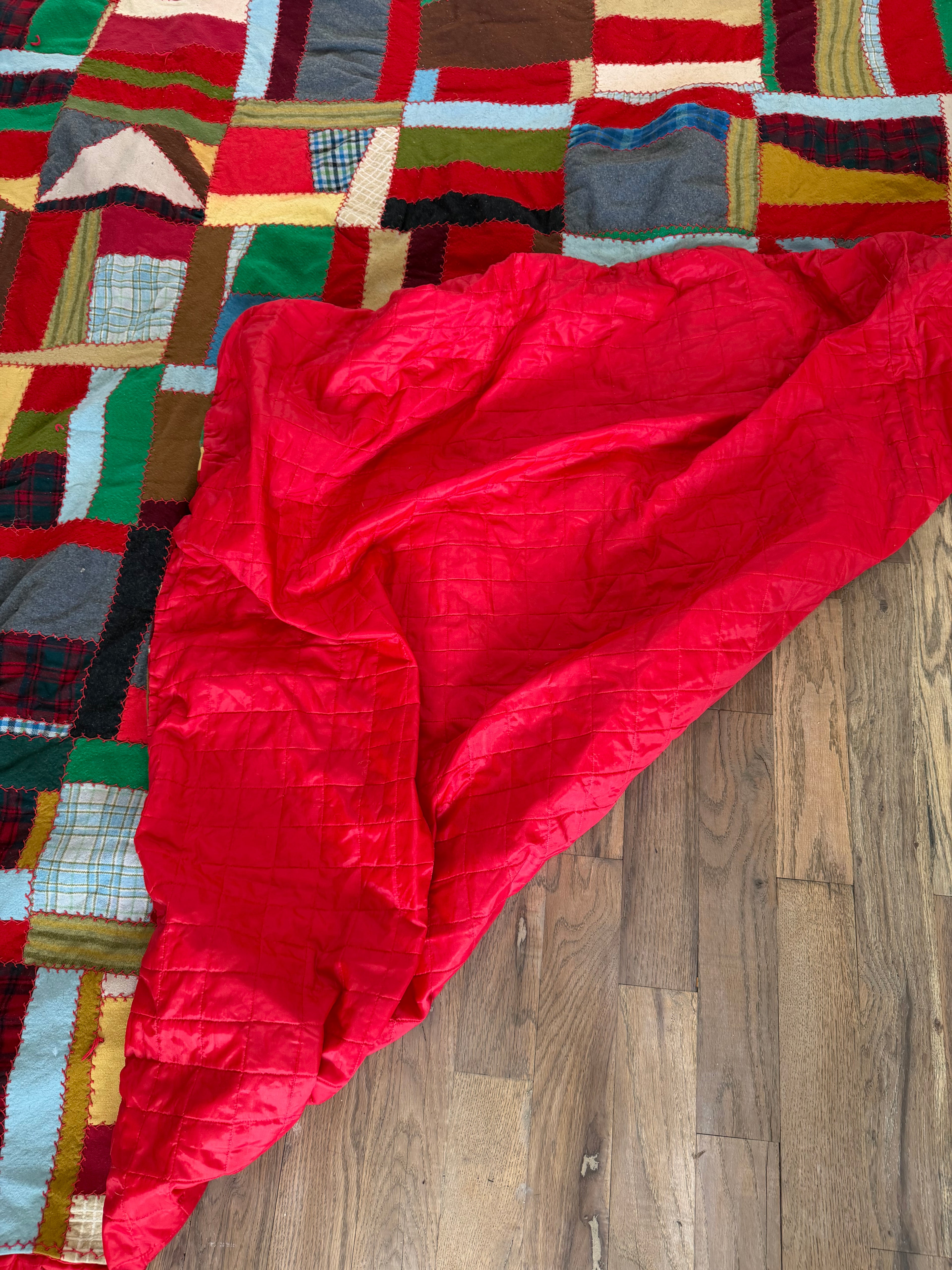 Vintage Hand Sewn Crazy Patchwork With Silken Red Backer as is some imperfections as shown