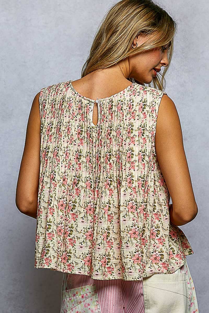 Round Neck Double Gauze Pintuck Floral Sleeveless Top