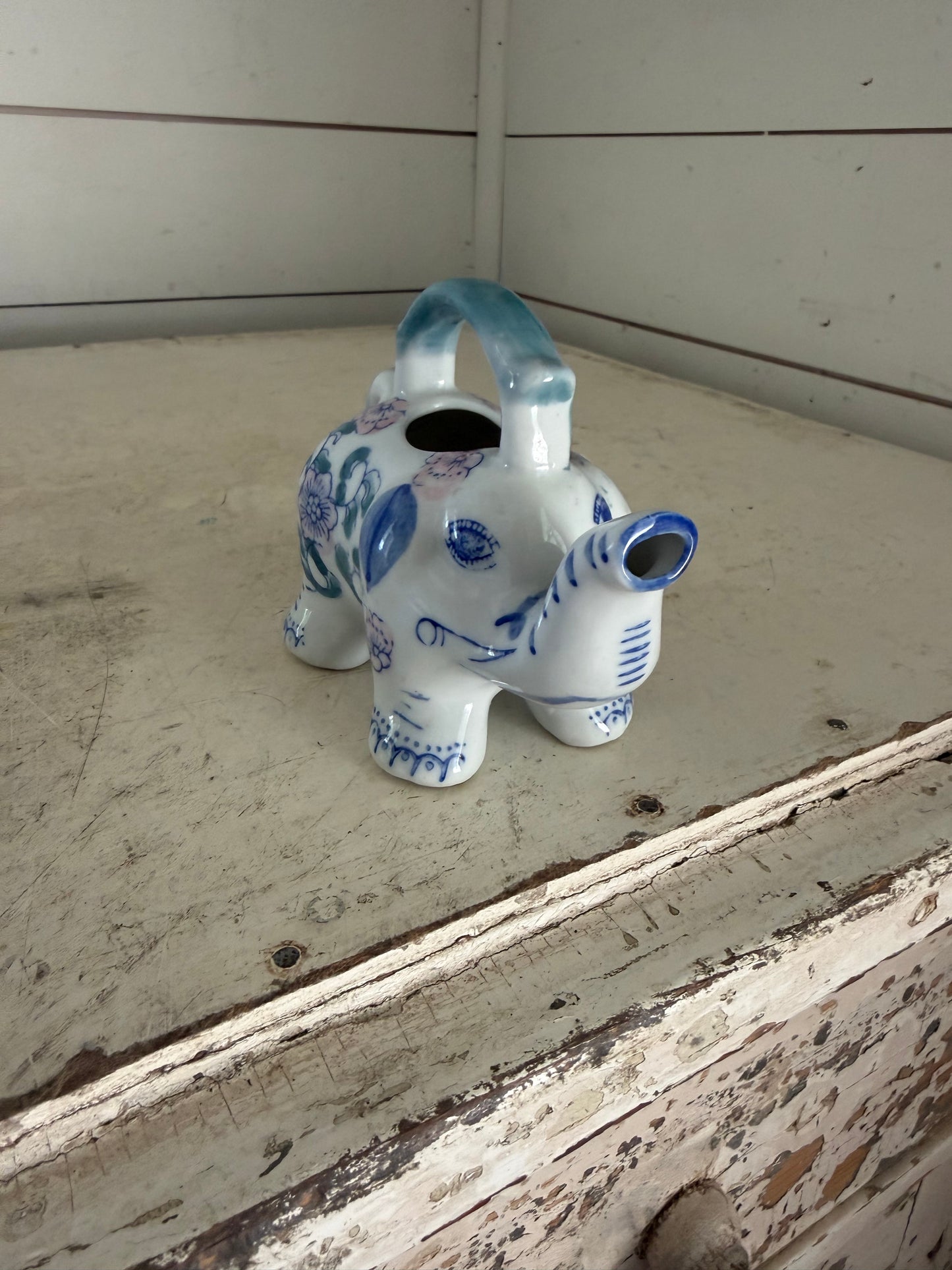 Vintage 1980s Hand Painted Small Porcelain Elephant Creamer/Soy Pot - Blue and White with Pink and Green Floral Pattern