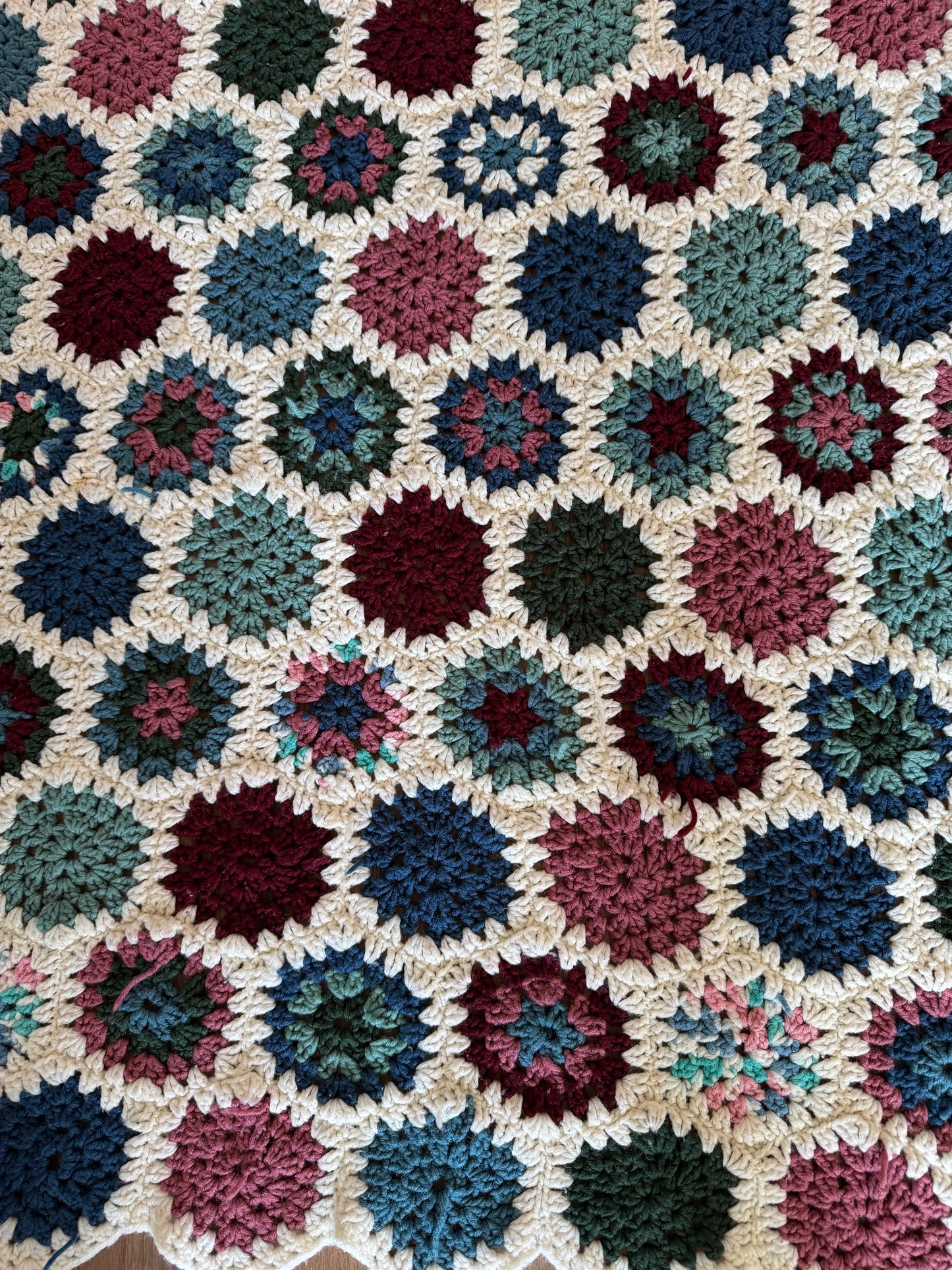Vintage Teal, Pink and White Hexagon Afghan