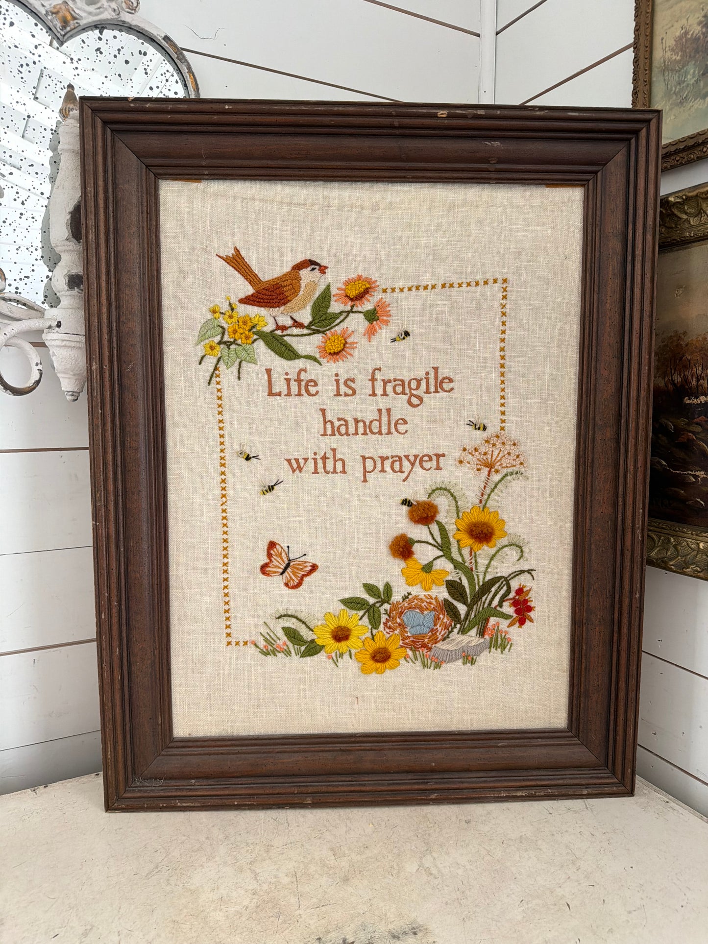 Large Frame with Embroidery "Life Is Fragile Handle With Prayer"
