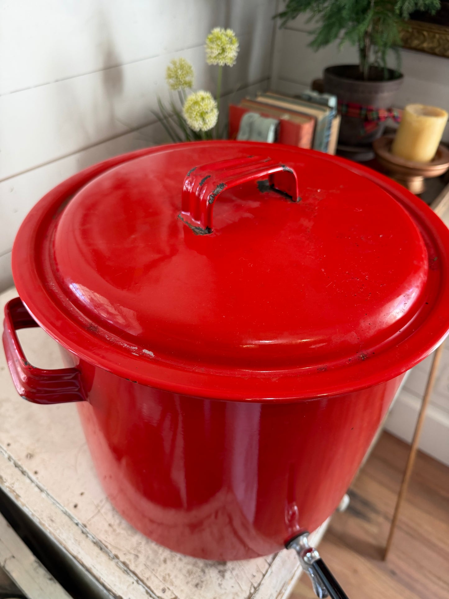 Red Enamelware Drink Beverage Dispenser w Spigot
