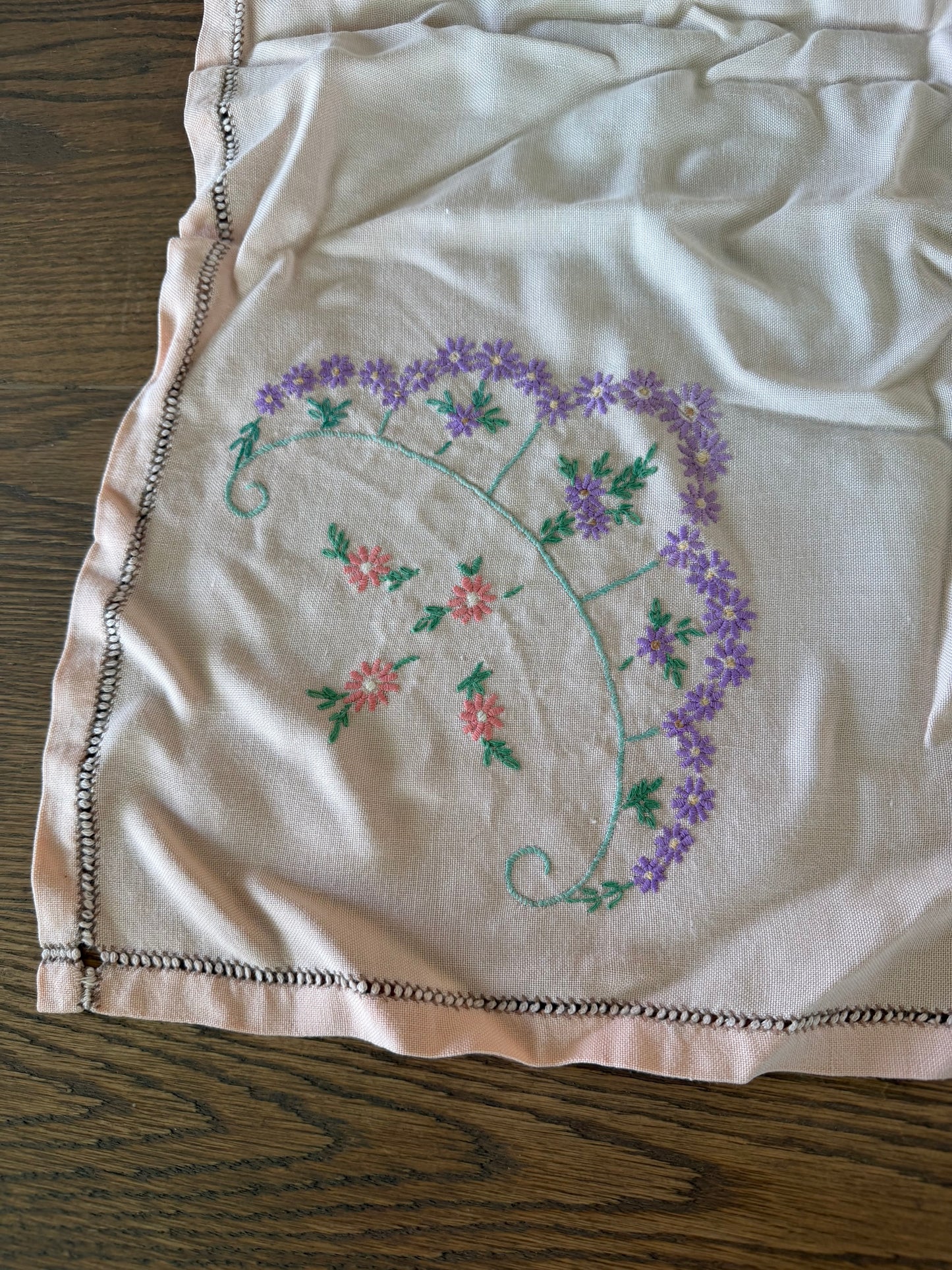 Peach vintage hand-embroidered cotton table topper