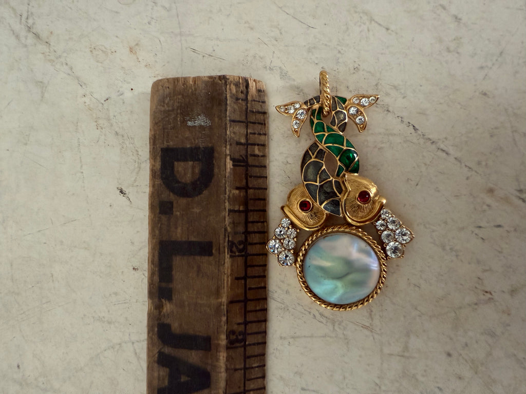 Limited Edition 1998 Trifari Zodiac Pisces Iridescent Enamel Double Fish Pendant