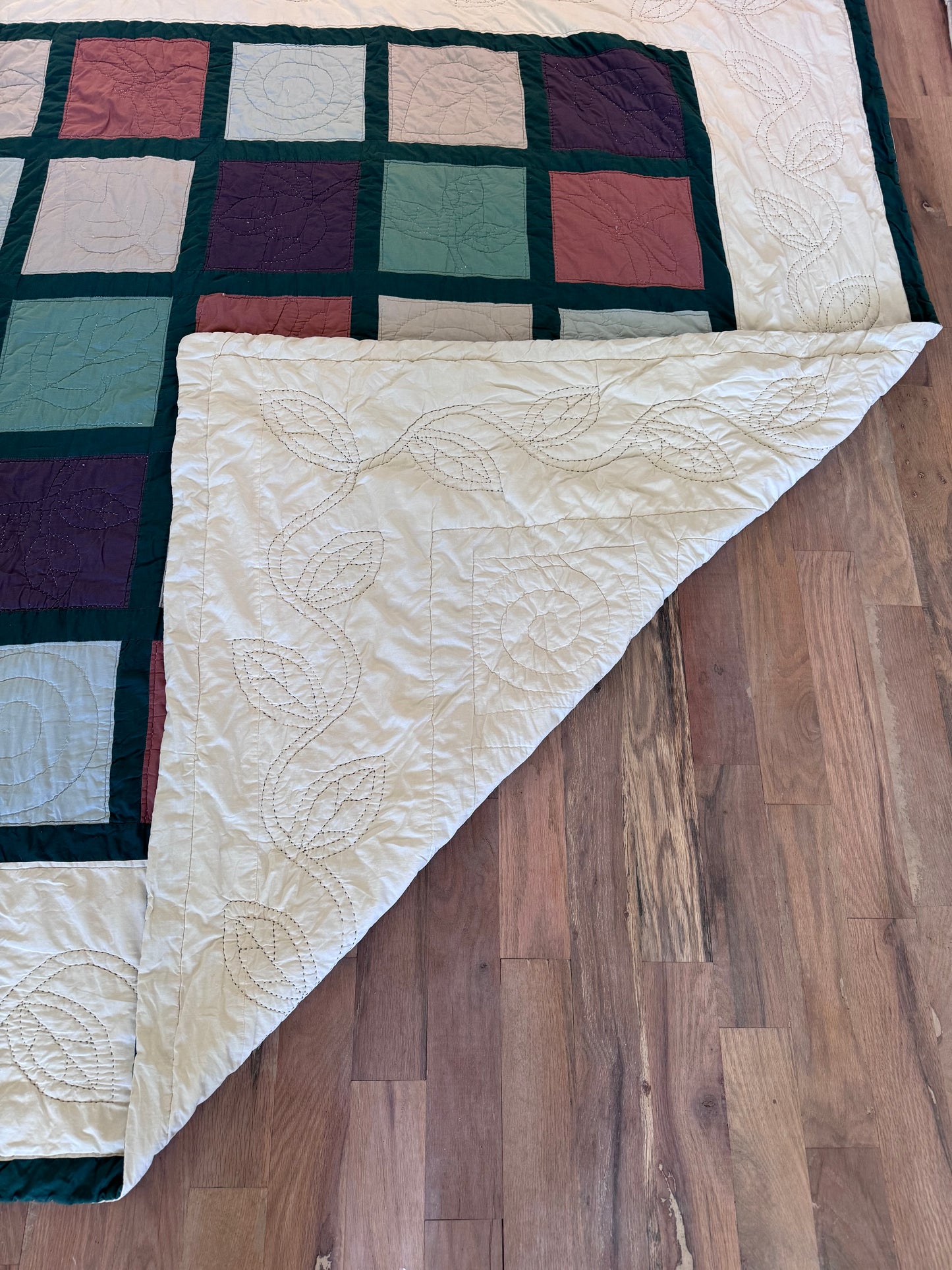 Hand Made Square Block With Leaves Queen Quilt - has stain