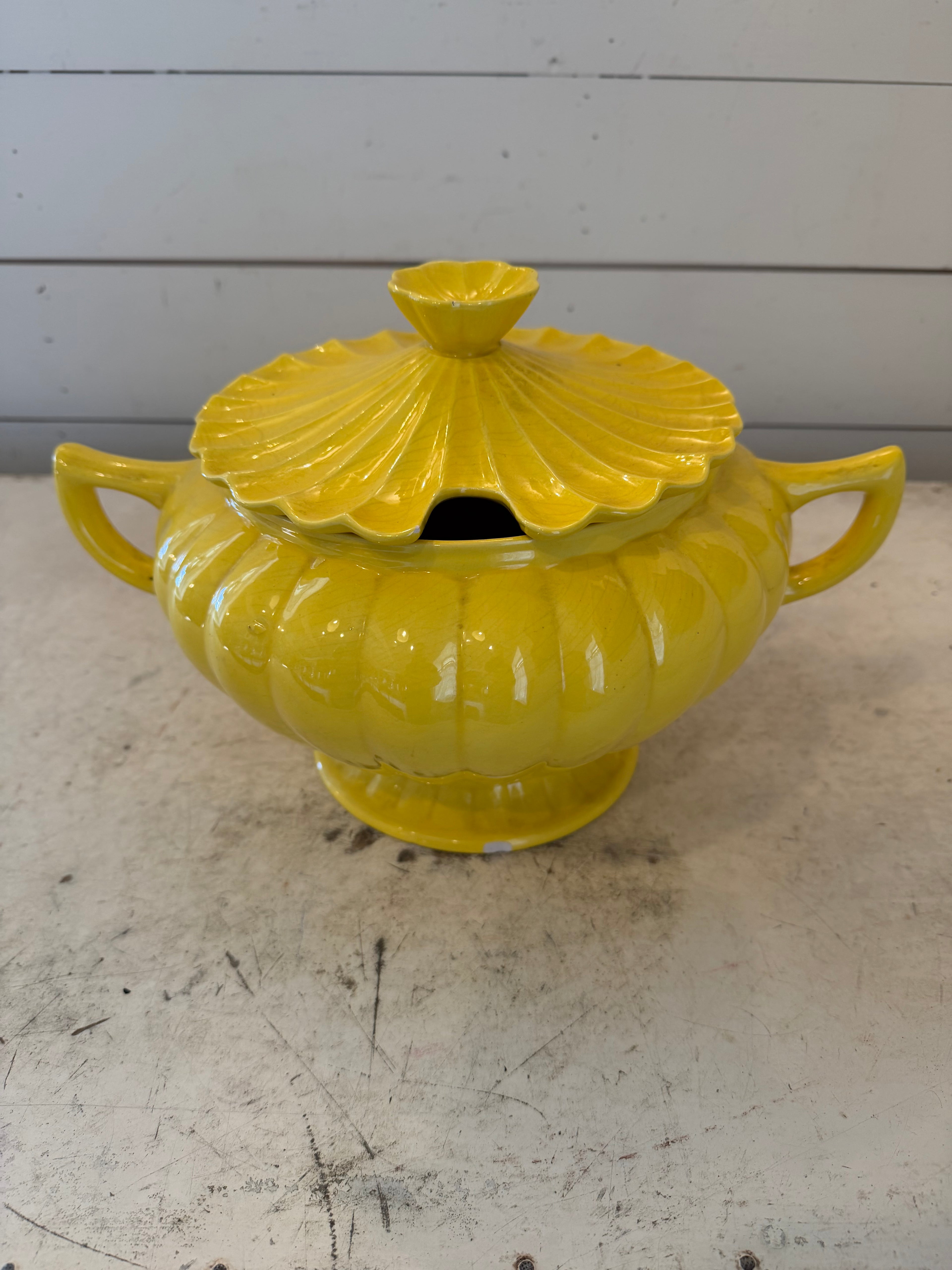 vintage California Pottery Canary Yellow Scalloped Soup Tureen with a lid - No Spoon chips