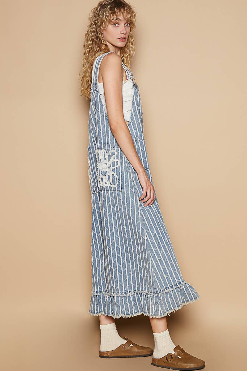 Back Pockets Embroidered Ruffle Detail Overalls Blue Stripe