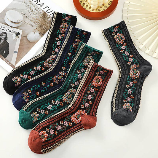 Boho Vintage Floral Embroidered Crew Socks - each pair sold individually