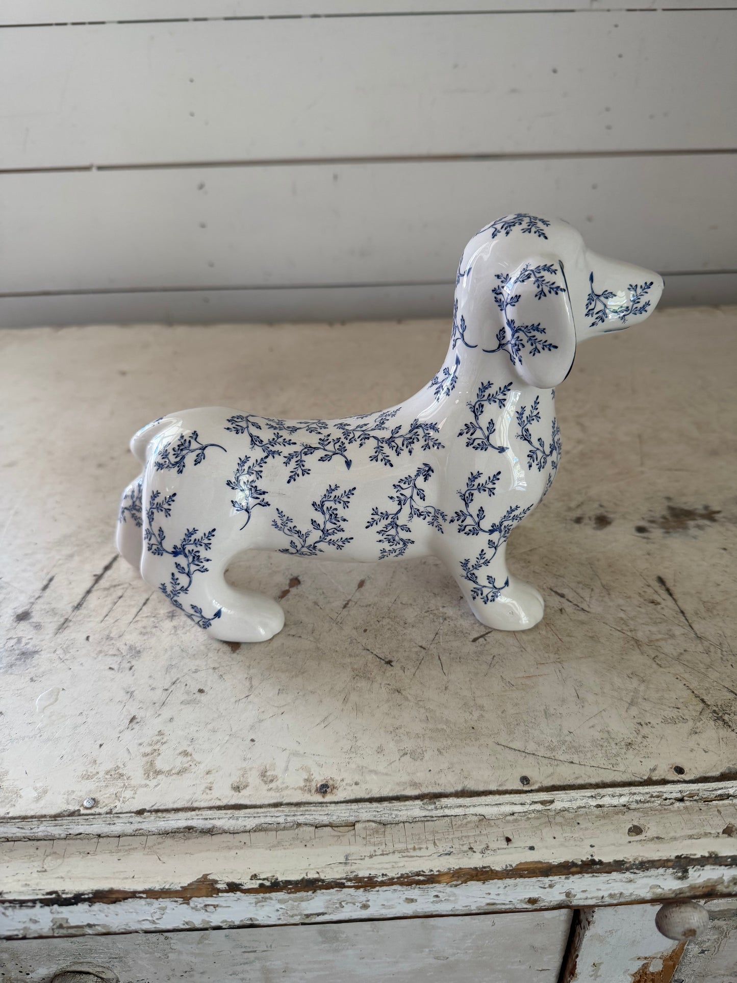 Surrey Selena Beautiful Dachshund Blue & White floral botanical ceramic statue