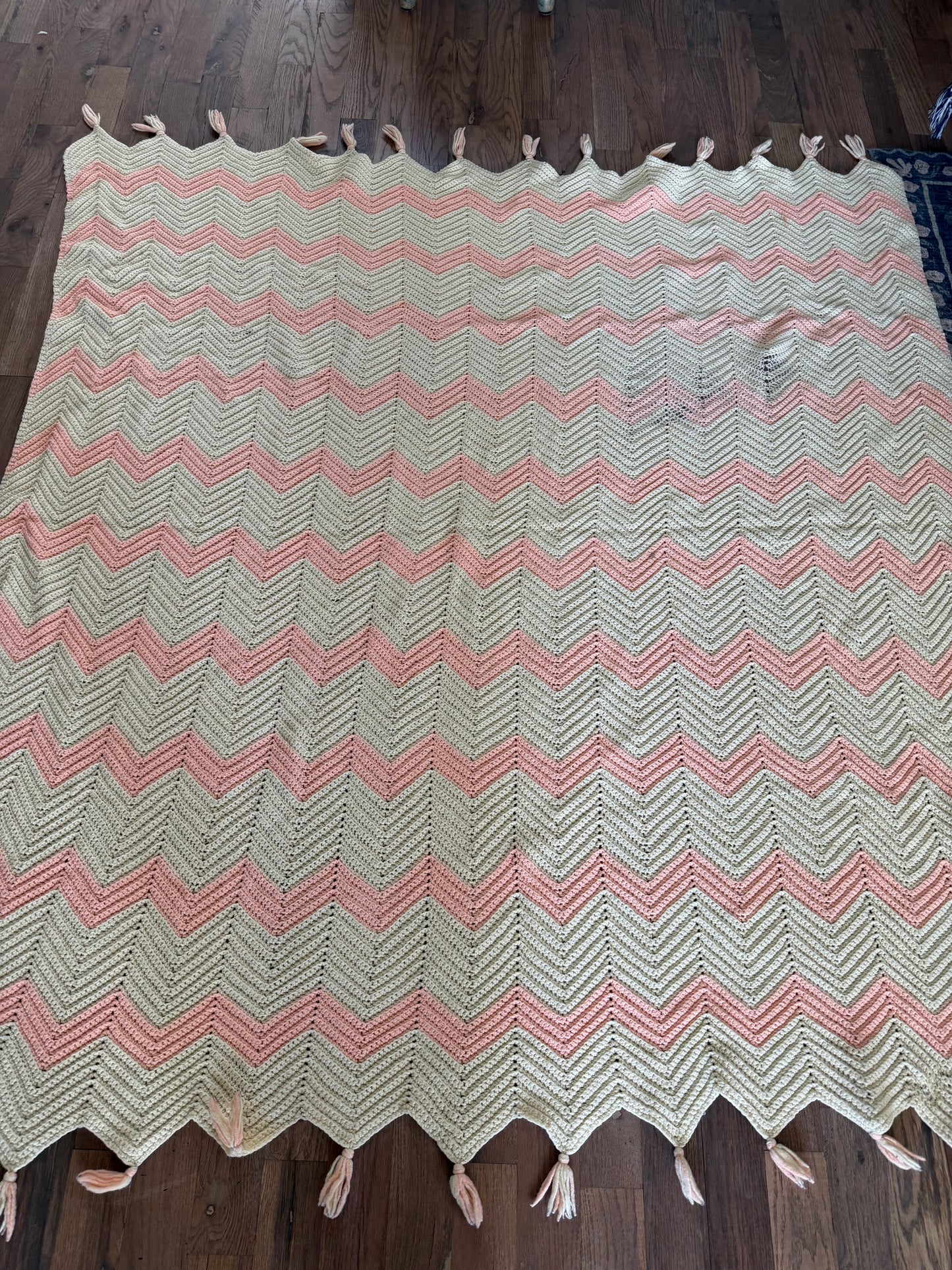 Pink peach and White Afghan with tassles as is