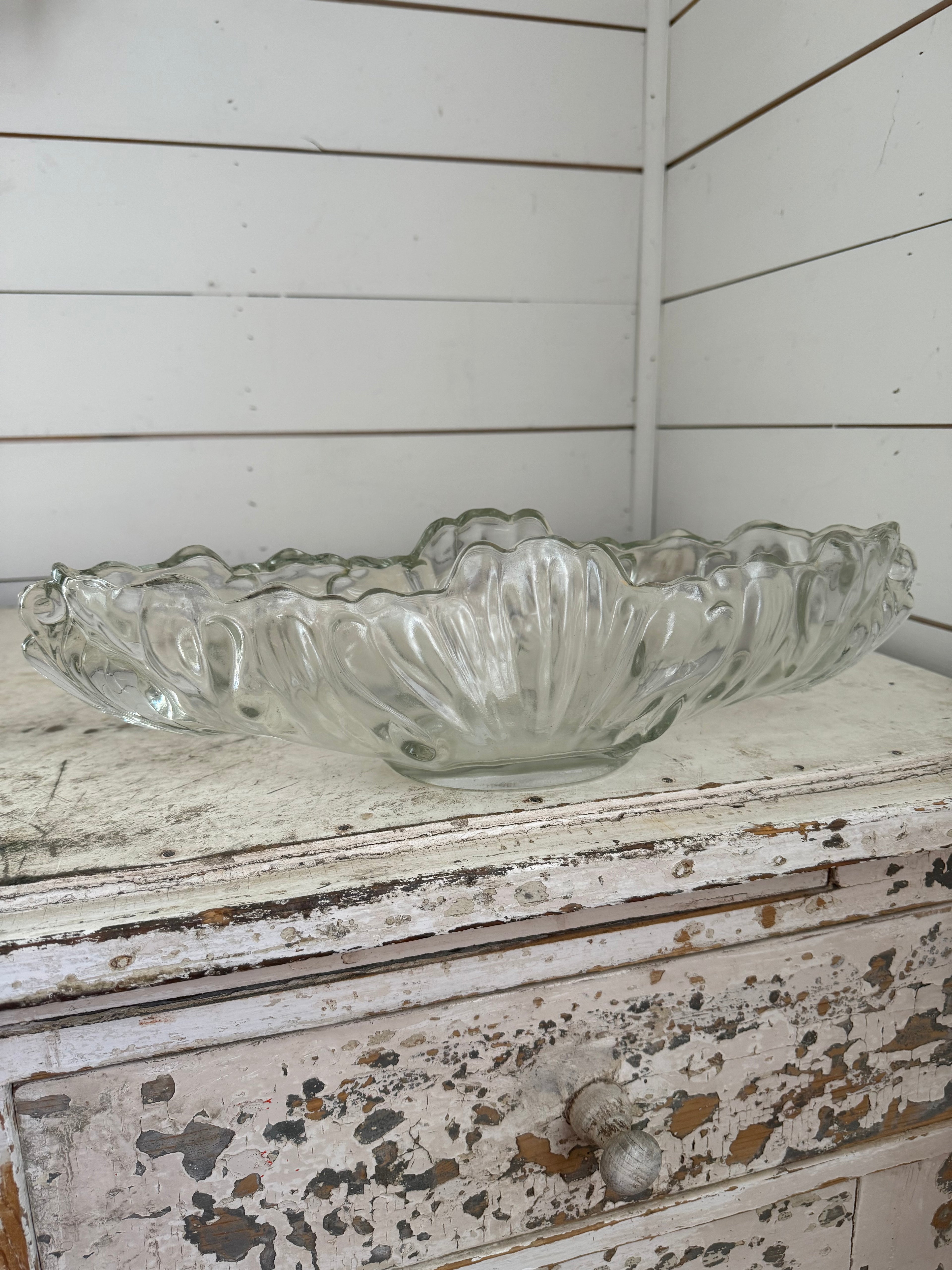 Large Clear Glass Bowl Molded Decorative Design - Pressed Glass with Handles