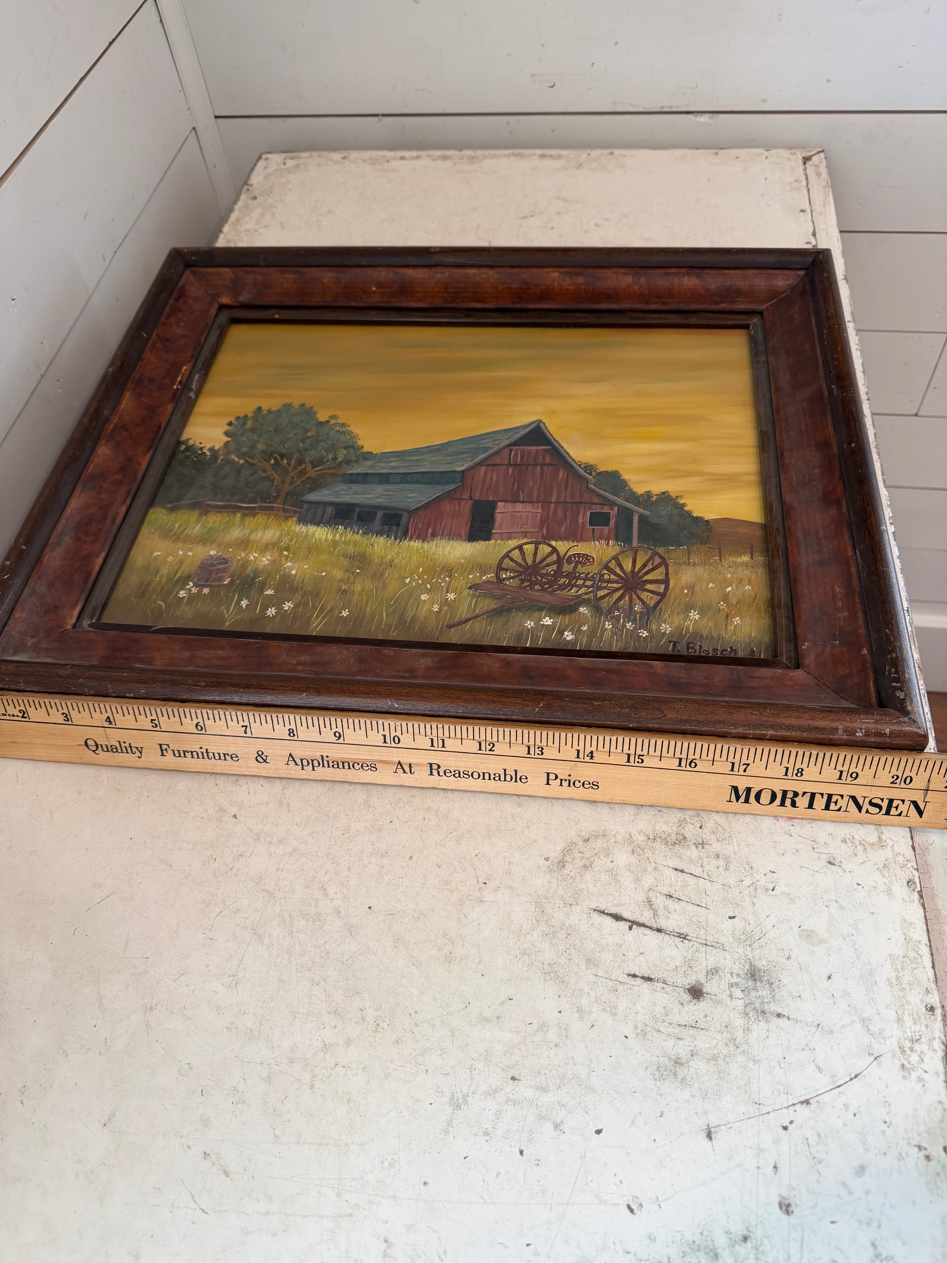 Vintage Oil Painting of a Barn With a Hay Rake in the Foreground