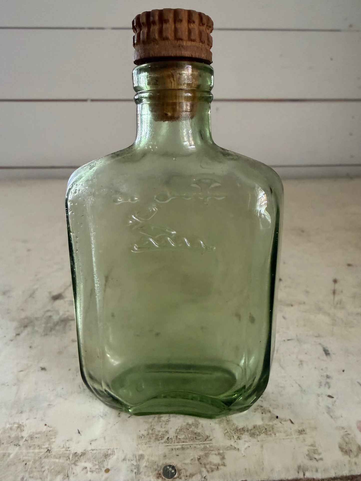 Antique Hennessy Green Glass Flask with grooved Cork Stopper: Embossed Bras Armé French Barware