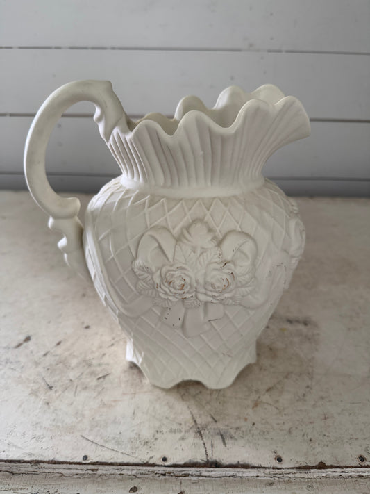 Vintage Ivory Bisque Pitcher With Floral Detail 9” tall - Will get makeover