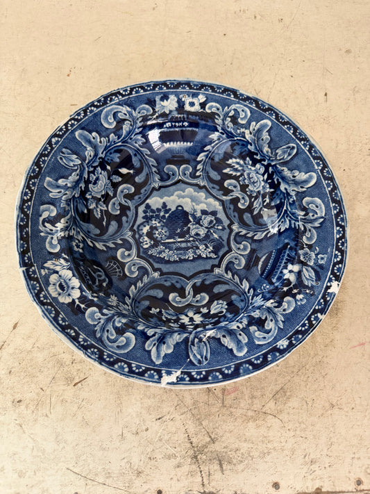 Antique Blue and White Bowl Transferware Beehive and Vases - has been repaired
