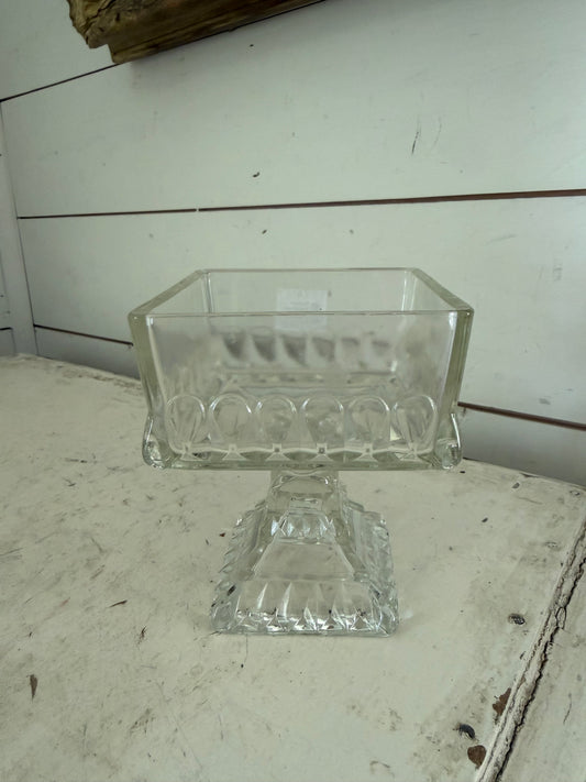 Vintage Jeannette Glass Wedding Compote | Clear Square Pedestal Candy Dish (No Lid)