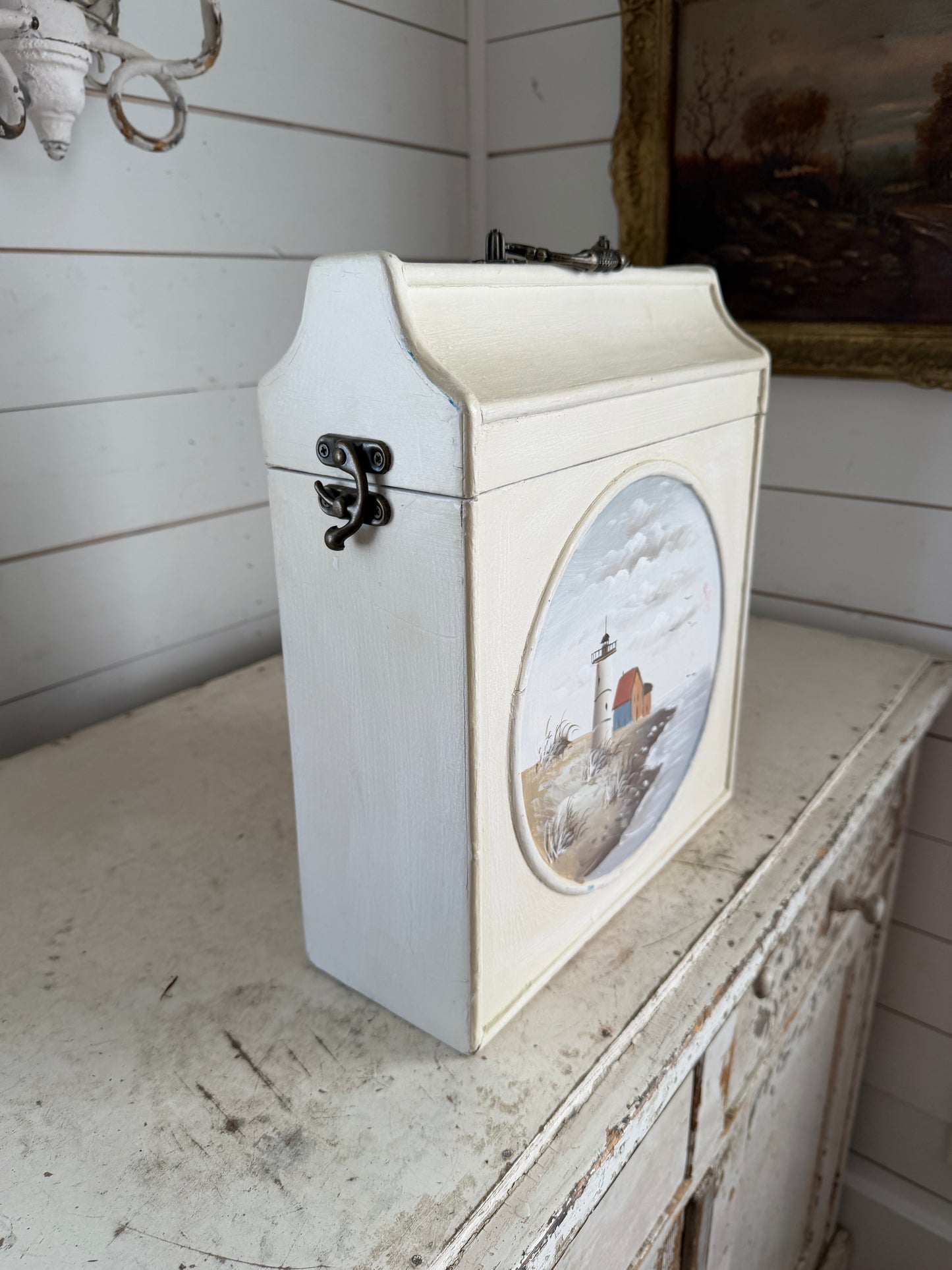 Hand painted lighthouse scenes wood storage box
