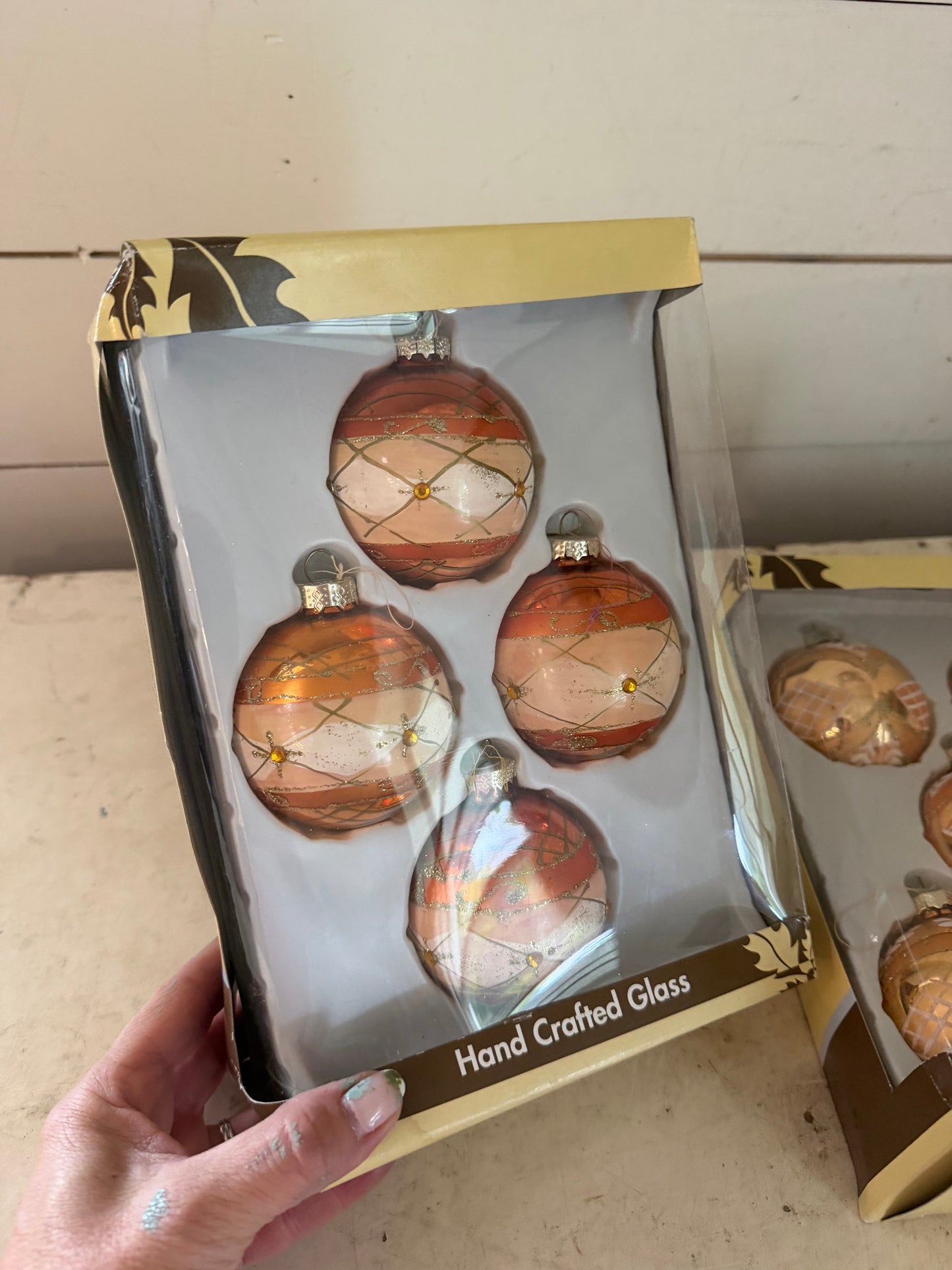 Hand-painted vintage ornaments two boxes