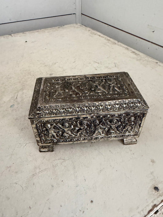 Vintage Silver-Tone Trinket Box with Dancing Figures | Jewelry Box as is see photos
