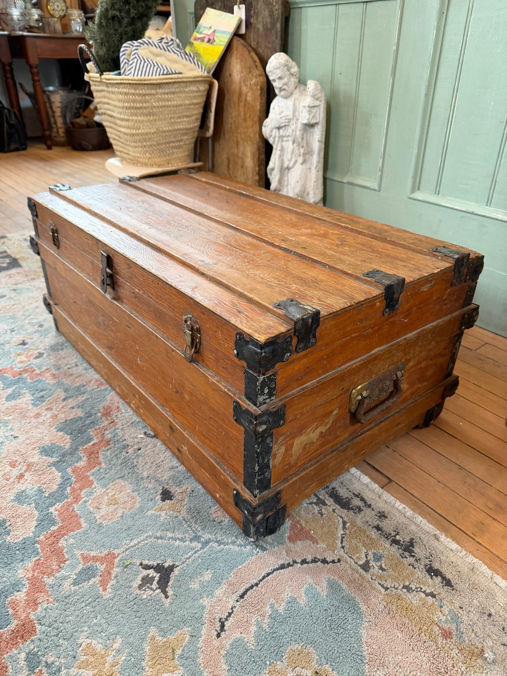 Antique Wood Flat Top Traveling Trunk 31x19x14”