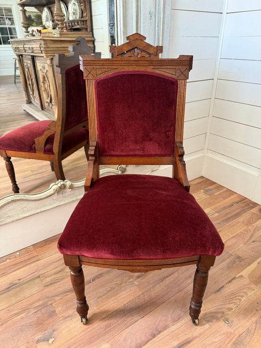 Antique 19th Century Victorian Eastlake Crushed Red Velvet Parlor Side Chair - smells clean and is sturdy