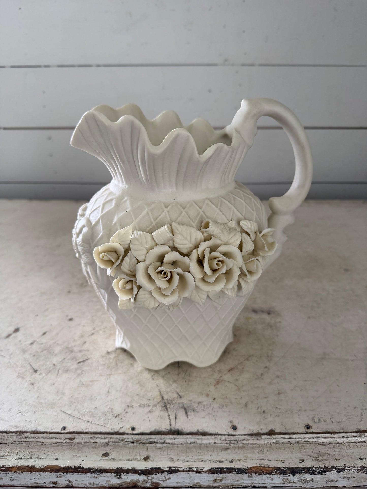 Vintage Ivory Bisque Pitcher With Floral Detail 9” tall - Will get makeover